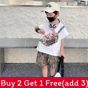 Boys Summer Sports Set Stylish Camouflage Short Sleeve T-shirt And Shorts - Picture 1 of 9
