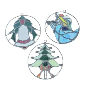 Vintage 3-Piece Christmas Holiday Stained Glass Suncatcher Tree Bell Angel - Picture 1 of 5
