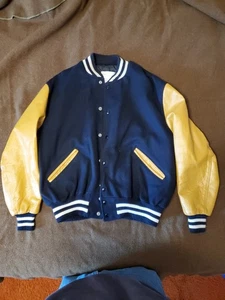 Vtg 80s DeLong Letterman Varsity Jacket Wool Blue Yellow Sz 48 (44-46) - Picture 1 of 13