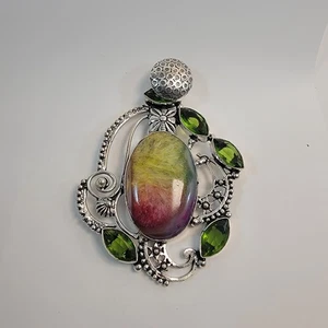 Handmade Rainbow Fluorite Pendant with Peridot in Sterling Silver Floral Setting - Picture 1 of 10