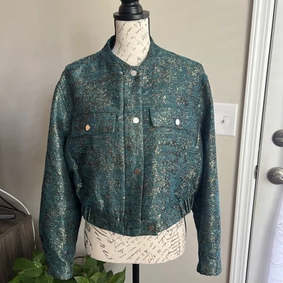 Jaqueta feminina texturizada fio metálico Zara verde grande - Imagem 1 de 4