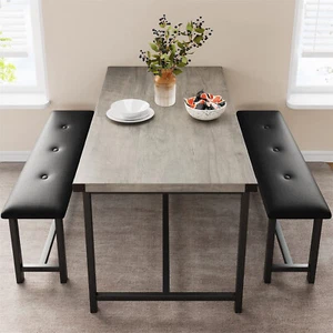 Kitchen Table Set with 2 Benches Dining Table Set for 4 with Upholstered Benches - Picture 1 of 20