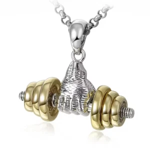 Dumbbell Hand-Held Necklace Fitness Bodybuilding Sports Jewelry 2-Tone Pendant - Picture 1 of 11