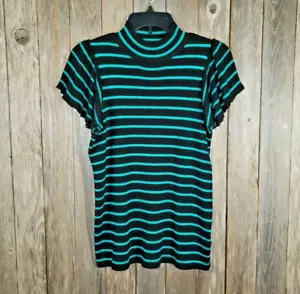 NEW Nine West S Sweater Women's Black Green Striped Flutter Sleeve Top Shimmer - Picture 1 of 6