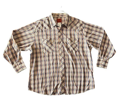 VTG Rustler Wrangler Brown White Long Sleeve Pearl Snap Western Shirt Plaid  2XL - Image 1 of 4