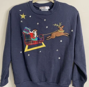 Haberdashery Christmas Sampler 93 Womens Blue Sweatshirt Stars Santa Sleigh M - Picture 1 of 12