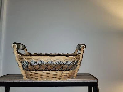 Vintage Oval Woven Breadbasket with Glossy Style White and Green Ceramic Handles - Image 1 of 4