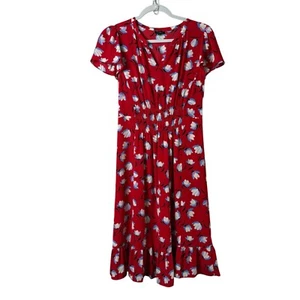 Abito midi Talbots donna taglia 4 rosso floreale svolazzante manica orlo balza chiesa - Foto 1 di 11