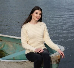 SAOL Irish Aran Sweater Women's 100% Merino Wool Funnel Neck Cable Knit Pullover - Picture 1 of 12