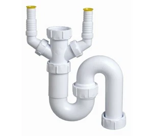MULTIKWIK ADJUSTABLE UTILITY 'S' - DOUBLE NOZZLE (WHITE) WASTE TRAP SWM040D 40MM - Picture 1 of 2