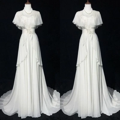 Chiffon Wedding Dresses White A Line Vintage 1950s Short Sleeves Ball Gowns - Image 1 of 4