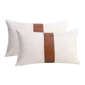 Set of 2 White Linen Patchwork Faux Leather Throw Lumbar Pillow Covers for Co... - Picture 1 of 6