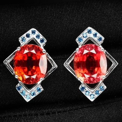 Luscious Sunset Orange Sapphire 14Ct 925 Sterling Silver Handmade Stud Earrings - Image 1 of 4
