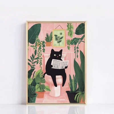 Funny Bathroom Poster, Cat Reading Newspaper Print, Toilet Wall Art Print Poster - Image 1 of 4