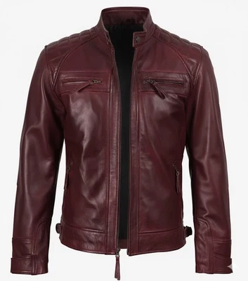 Mens Real Leather Burgundy Biker Style Jacket - Quilted Shoulder - Image 1 of 4
