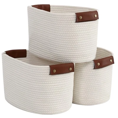 3 Pack Cotton Rope Storage Basket Woven Shelf Storage Bin with Faux Leather H... - Image 1 of 4