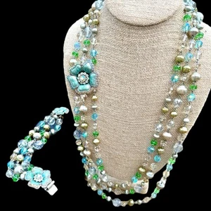 Vintage Sweet Romance Blue Green Enamel Flower Necklace Bracelet Multistrand - Picture 1 of 8