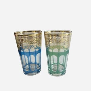 2 Vintage French Mid Century Green/Blue Gold Guild Filigree Juice Glasses 3.75” - Picture 1 of 7