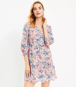 LOFT Pink Floral Embroidered Swing Dress Womens 0 Scalloped Hem 3/4 Sleeve - Picture 1 of 21