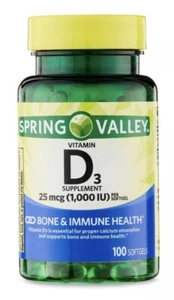 2 Pack Spring Valley Vitamin D3 Bone & Immune Health 25mcg(1,000IU) 200 Softgels - Picture 1 of 4