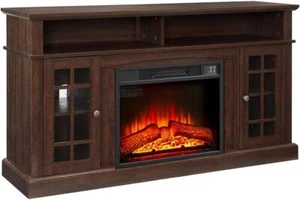 Brown Media Console Table with Rustic Electric Fireplace for TVs up to 65" - Picture 1 of 29
