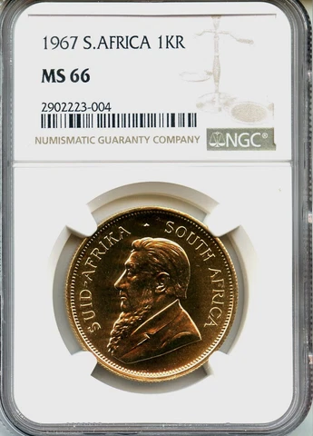 1967 South Africa 1 oz Gold Krugerrand,  Original Rare date, NGC MS-66 Cover