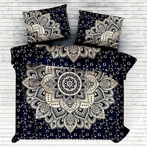 Black Golden Floral Mandala Print Queen/Twin Reversible Duvet Cover 100% Cotton - Picture 1 of 7