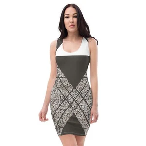 Womens Stretch Fit Bodycon Dress - Brown and White Triangular - Picture 1 of 9