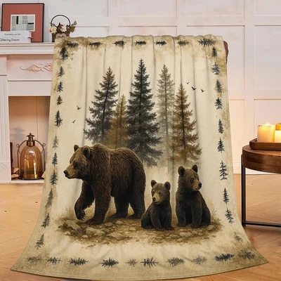 Bear Blanket Rustic Cabin Bear Hunting Throw Blanket Soft Cozy Fleece Fuzzy P... - Image 1 of 4