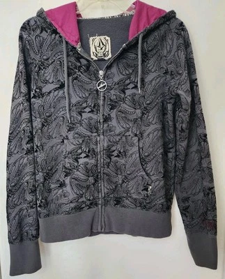Volcom Women's  Wallpaper Vintage Full Zip Sweatshirt Hoodie Medium Grey Jacket - Image 1 of 4