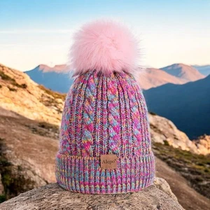 Alepo Girls Winter Beanie Hat Kids Pom Knit Ski Cap Thick Fleece Pink Rainbow - Picture 1 of 10