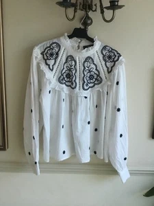 Primark White Top Blouse Soft Cotton + Ruffles And Embroidery 12 L/Sleeve VGC - Picture 1 of 6