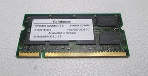 Infineon 512MB PC2700 DDR-333MHz CL2.5 SoDimm RAM HSY64D64020GBDL - FRU:31P9833 - Picture 1 of 3