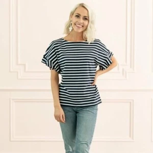 ๐ Rachel Parcell ๐ XS ๐ Back Bow Stripe T-Shirt Navy NEW AUTH ๐ #A155 - Foto 1 di 5