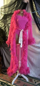 VTG STYLE SHEER MESH STRETCH HOT PINK ROBE BODYSUIT SEE THRU SET SISSY FRILLY OS - Picture 1 of 18