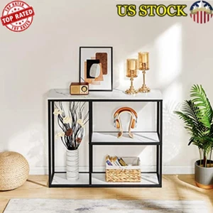 Modern Industrial Console Table W/ 3-Tier Storage Shelves White Marble 31.5 New - Picture 1 of 7