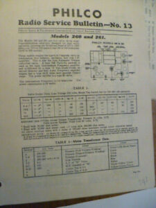 Philco  Model   260  &  261  Valve / Tube Radio  Original Service Manual  