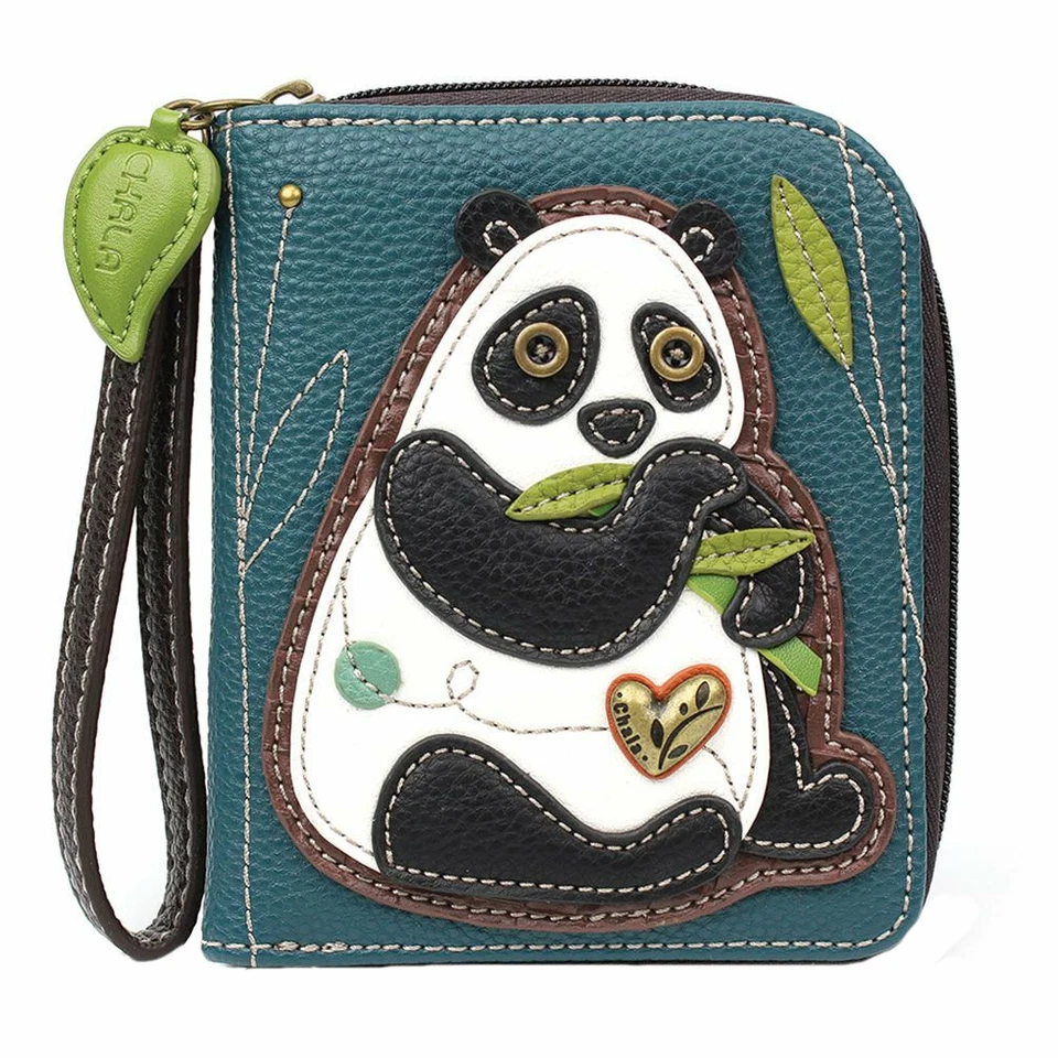 Chala Turquoise Black White Panda Bear Zippered Wallet Faux Leather