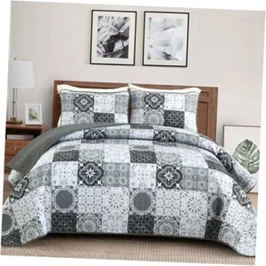  Quilt Set Size, Boho Plaid Patchwork Bedspreads Coverlet Set, King Grey Black - Picture 1 of 8
