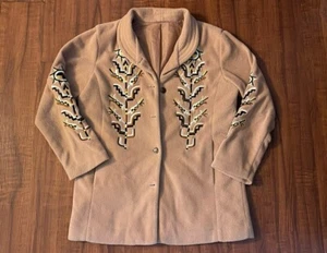 Vintage 90’s Bob Mackie Wearable Art Tan Embroidered Sun Fleece Coat Women’s M/L - Picture 1 of 11