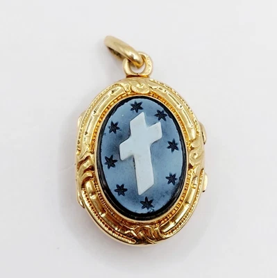 Pendentif porte photo souvenir antique or 18k croix et étoiles (circa 1900) - Photo 1/4