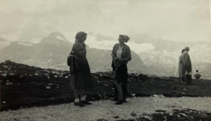Two Women Standing By Rock Wall In Mountains B&W Photograph 3.5 x 5.5 - Picture 1 of 3