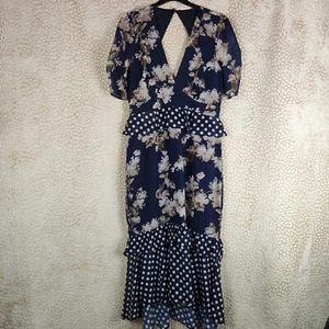Hope & Ivy Womens Midi Dress Blue Floral Polkadot Print V Neckline Size UK 12 - Picture 1 of 20