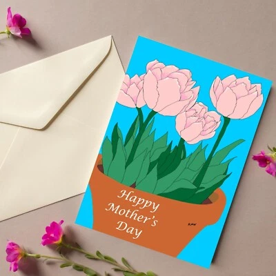 Pink flowers handmade mother's day greeting card with envelope - Image 1 of 3