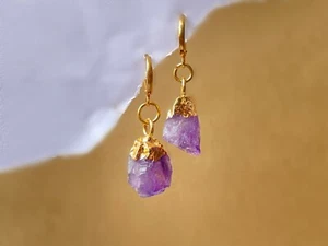 Raw Amethyst Earrings, Huggie Hoop Earrings Gold, feb Birthstone Earrings, - Picture 1 of 6