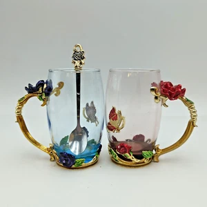 Glass Jeweled Enamel Tea Cup & Spoon Set - Rose, Flower & Butterfly Design - Picture 1 of 8