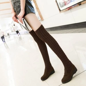 Women Round Toe Block High Heels Knit Warm Over The Knee Boots Skinny Chic Shoes - Picture 1 of 11