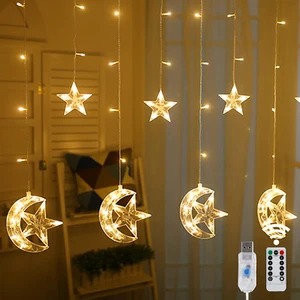 138 LED Star Moon Curtain Decorative Lights, Window Curtain Fairy String Lights, - Picture 1 of 12