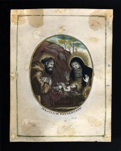 SANTINO PERGAMENA 1700 S.FRANCESCO E S. CHIARA DI ASSISI ADORANO GESU' BAMBINO - Picture 1 of 1