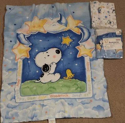LAST ONE! RARE! Starlight Baby Snoopy 3pc Crib Set-Quilt, Sheet, Dust Ruffle-NEW - Image 1 of 4